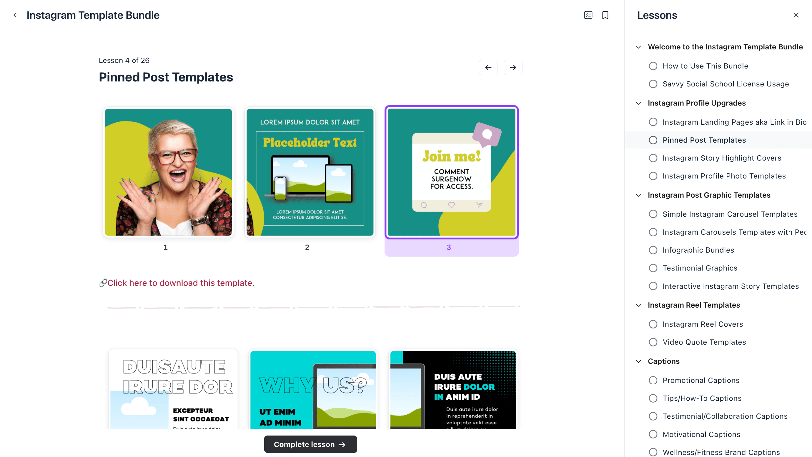Inside the Instagram Template Bundle: pinned post examples and the lesson menu.